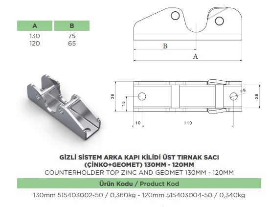 GIZLI SISTEM ARKA KAPI KILIDI 120 MM UST TIR SACI